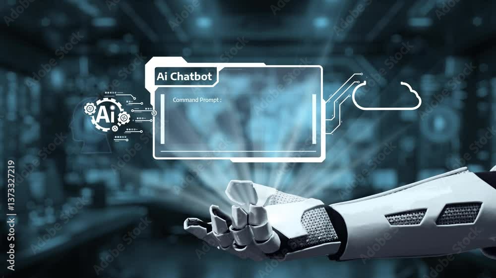 Poster this captivating video showcases a robotic hand interacting with a digital chatbot interface, emphas