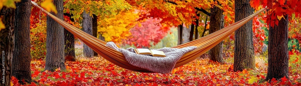 Poster cozy autumn hammock strung between trees surrounded by colorful fall foliage with a soft blanket and