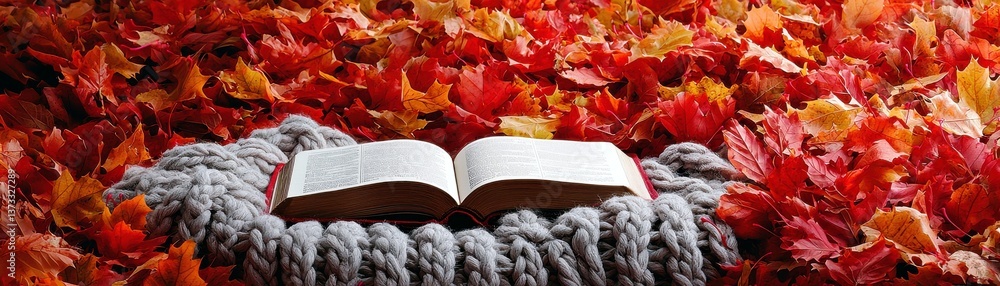Poster serene rustic autumn scene featuring an open book on soft knit with vibrant fall leaves surrounding 