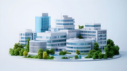 A modern medical complex led amidst lush greenery showcases innovative healthcare architecture and design in a pristine urban setting.