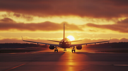 Fototapeta premium 夕焼けの空を背景に飛行機が離陸・着陸する空港の風景空を飛ぶ旅客機