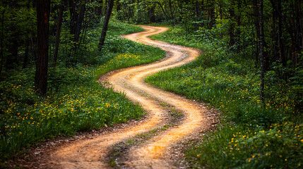 Obraz premium Enchanting winding dirt road through lush green woods surrounded by tall trees under a soft ambient light creating a dreamlike atmosphere.