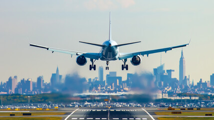 夕焼けの空を背景に飛行機が離陸・着陸する空港の風景空を飛ぶ旅客機