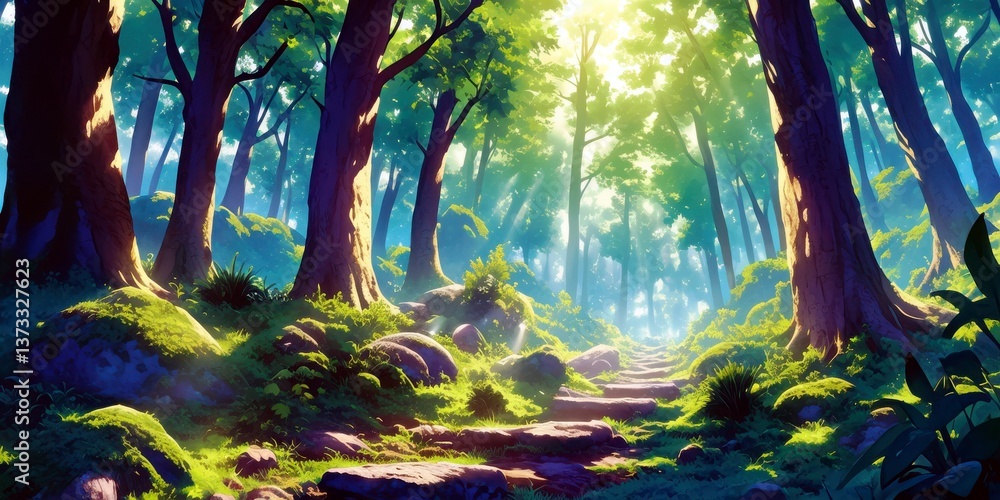 Poster beautiful cartoon forest with tall trees and sunlight filtering through leaves creating a magical at