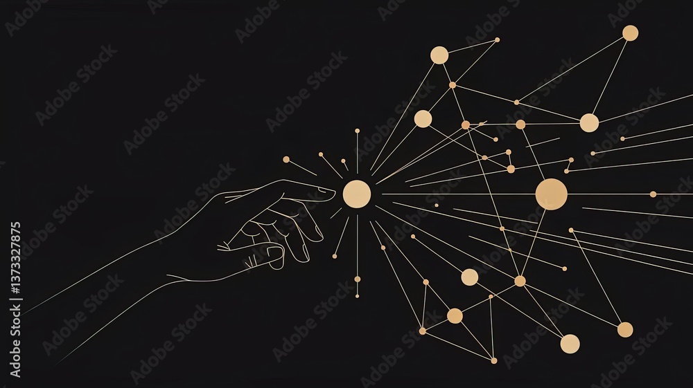 Poster touch the future: an abstract illustration of a hand reaching out to connect with a network of inter
