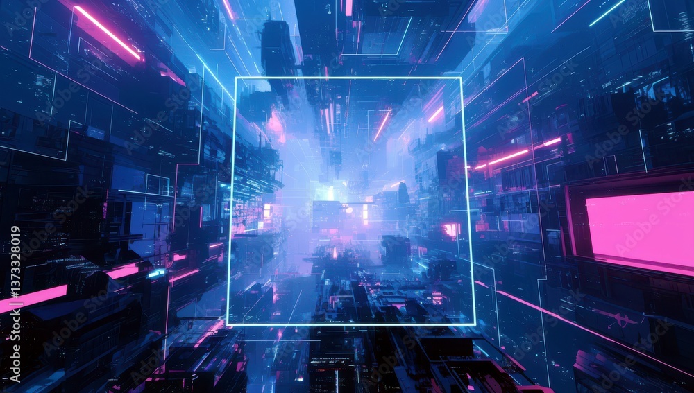 Poster futuristic 3d rendering of an abstract cityscape with glowing neon lights and dynamic patterns in a 