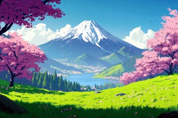 Fototapeta premium Stunning Anime-Style Landscape Featuring Majestic Mount and Vibrant Cherry Blossoms in a Serene Background with Lush Greenery and Clear Blue Sky