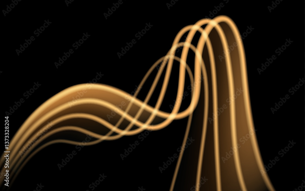 Poster golden glowing lines in abstract curves, digital design. dynamic motion effect, dark background. mod