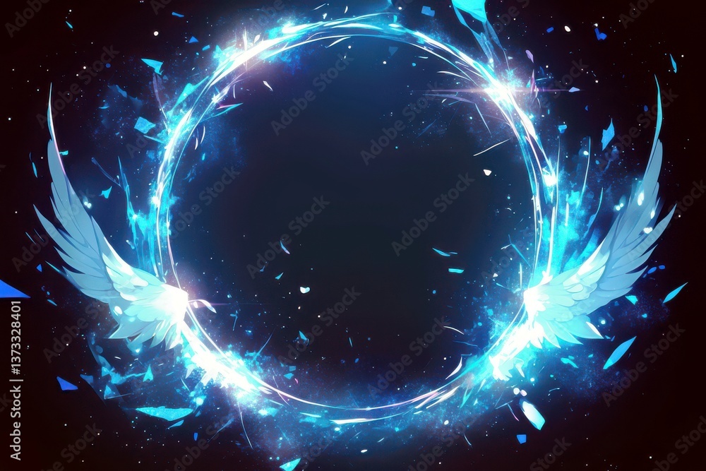 Poster circular portal of glowing blue light with wings surrounded by shimmering particles in a dark backgr