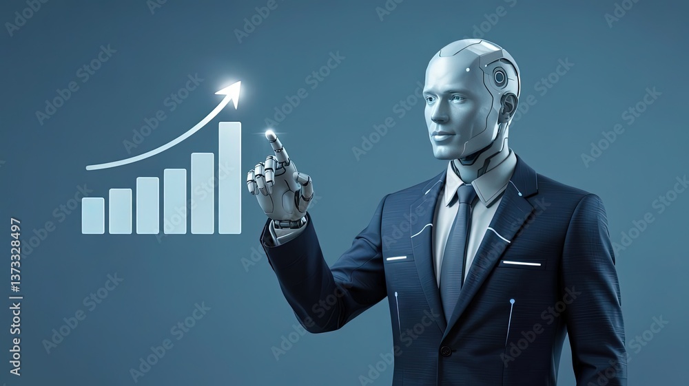 Aufkleber robotic businessman: a sleek, futuristic robot in a business suit points towards a rising graph, sym