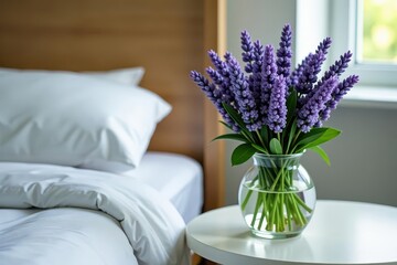 Lavender bouquet, green foliage, bedside table, elegant, bedroom, lovely