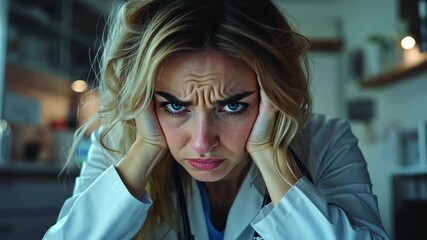 Stressed doctor in medical office, overwhelmed, seeking help. Possible use Stock photo for medical articles, stress in healthcare