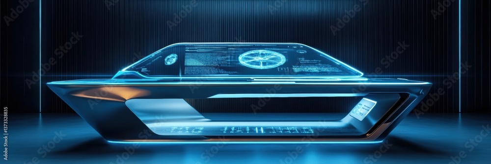 Aufkleber Futuristic study desk with floating augmented reality holograms and blue illumination in a modern workspace setting