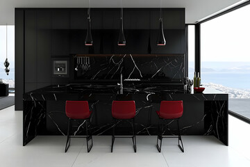 Modern black kitchen island, red chairs, ocean view