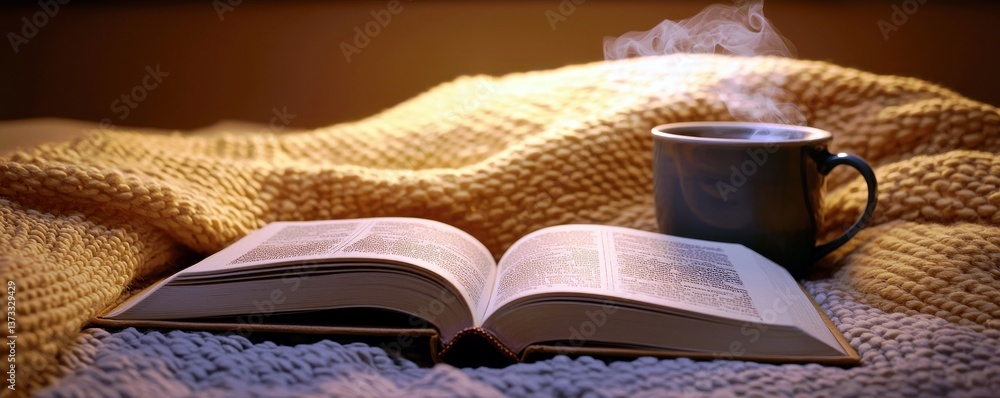 Poster cozy reading nook with an open book and a warm cup of coffee on a soft blanket in a serene and invit