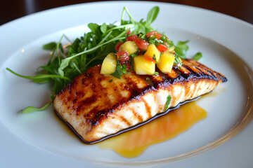 Grilled mahi-mahi with pineapple salsa, served with a side of steamed greens  
