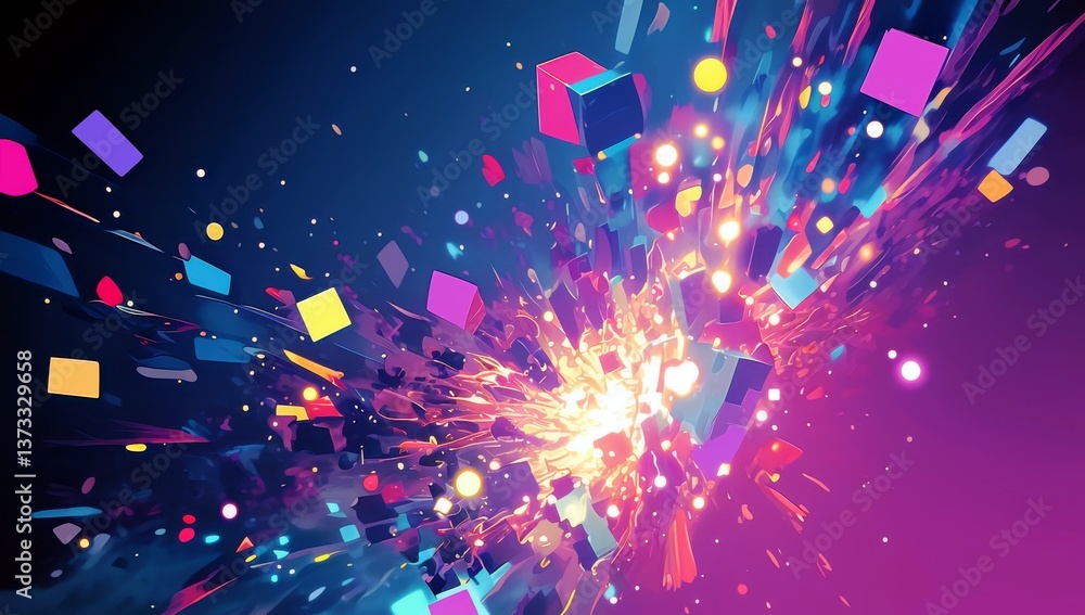 Poster vibrant purple background with colorful light beams and 3d cubes creating a dynamic explosion of sha