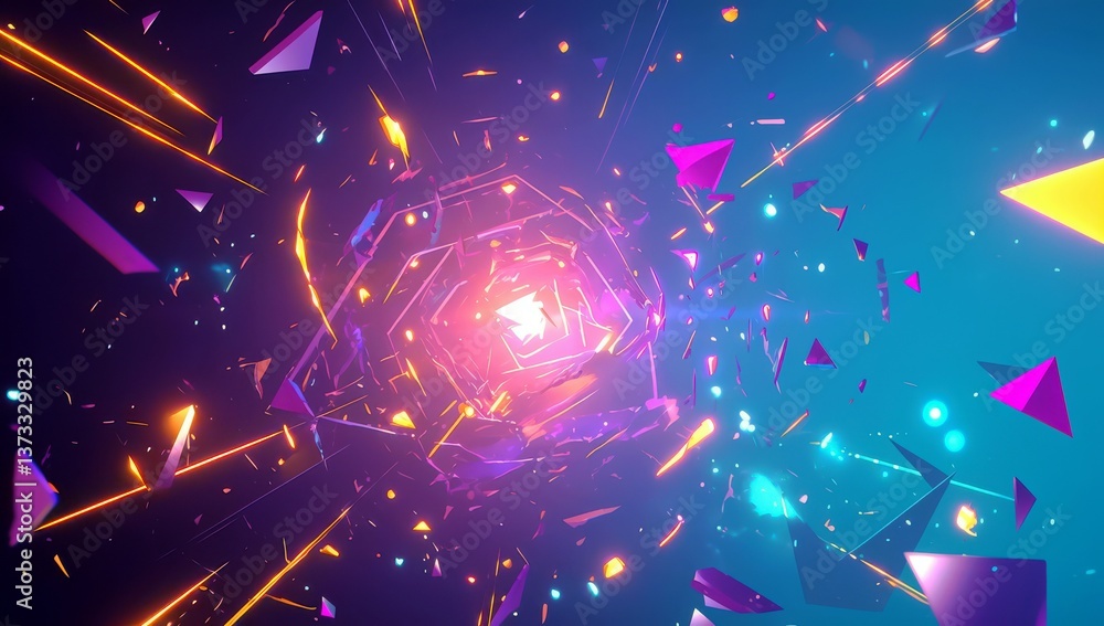 Poster vibrant purple background with light beams and colorful triangles creating a dynamic abstract visual