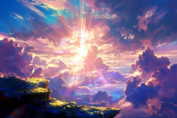 Breathtaking Anime Style Scene of the Sky with Rays of Light Shining through Colorful Clouds and a Mystical Landscape at Sunset