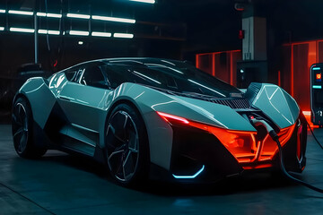 Electric sports car charging in modern garage