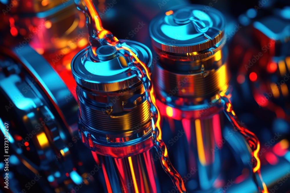 Poster close-up view of a high-tech engine piston with gasoline flowing, highlighted with neon red, yellow,