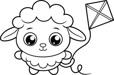 Cartoon Lamb with Kite Line Art, Cute Sheep Outline on Transparent Background