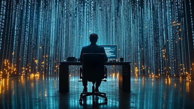 Businessman coding at a computer, digital data background - Powered by Adobe