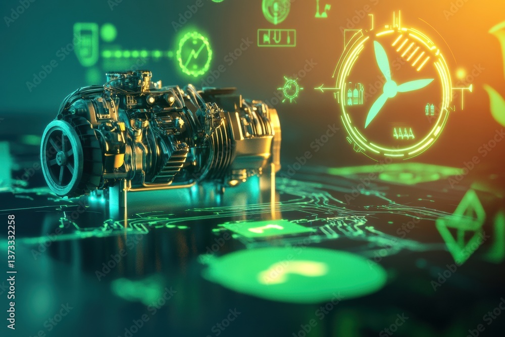 Poster Creative display of a powerful engine with contrasting symbols of petrol and renewable energy in vibrant colors