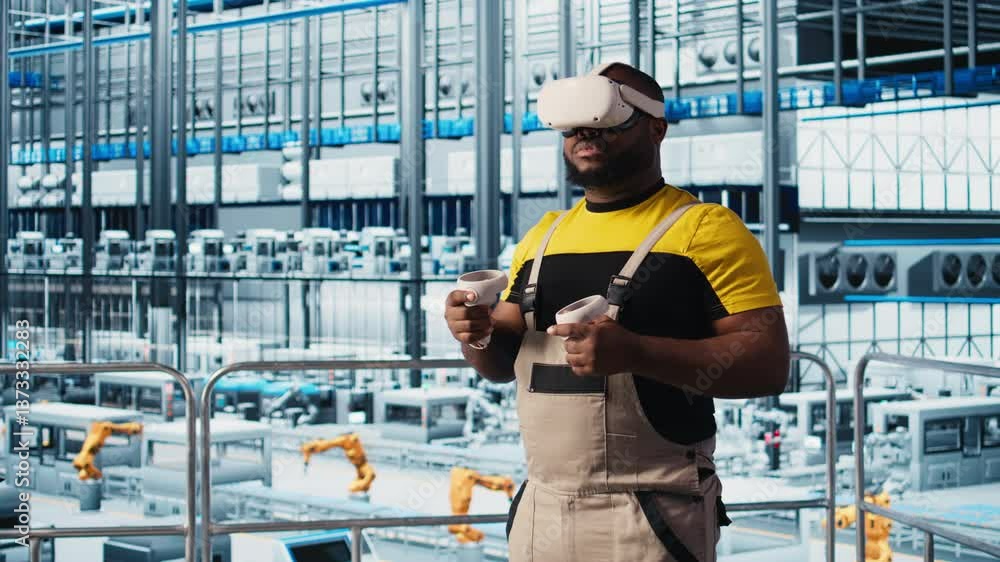 Poster smart factory expert using vr headset to test automated systems and ensure reliability. worker virtu