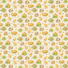 Chick and eggs vector animal seamless repeat pattern design background, gift wrap paper