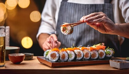 Faceless man eat Gimbap in restaurant with bokeh background. Korean Food.