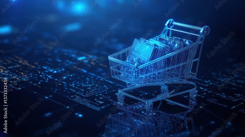 Fototapete Futuristic representation of blockchain technology in online shopping with glowing nodes and digital contracts in a high-tech environment