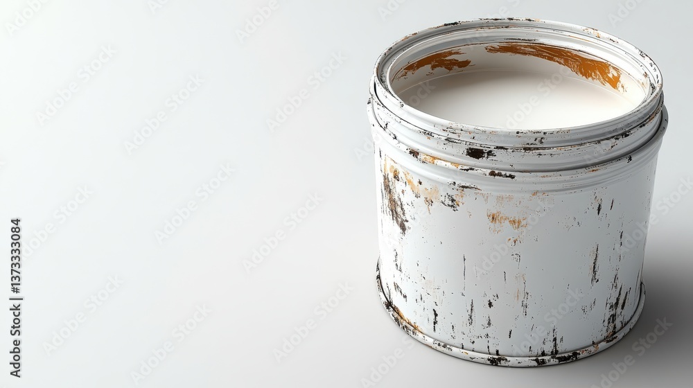 Poster paint can container and white color in metal bucket for home renovation work isolated on white backg
