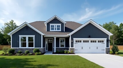Charming Modern House with Dark Gray Siding and Manicured Lawn in Suburban Setting