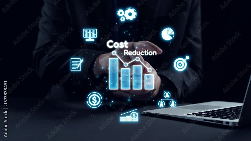 Poster a person holds a microchip with a backdrop of digital circuitry and data analytics on a laptop, illu