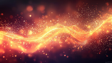 Fototapeta premium Abstract digital artwork featuring flowing orange and gold waves with sparkling particles, creating vibrant and dynamic atmosphere