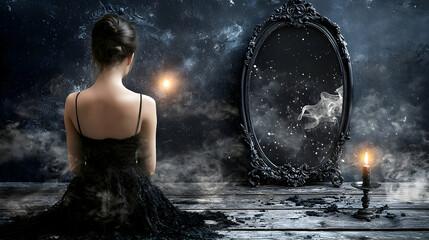 Woman in Black Dress Contemplating a Starry Night Reflected in an Antique Mirror