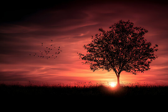 Silhouette of a Tree at Sunset with Red Sky and Field