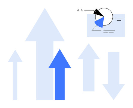 Overlapping blue arrows pointing upward with a circular chart and data elements. Ideal for success, analytics, growth, progress, strategy, innovation, leadership. Clean flat simple metaphor