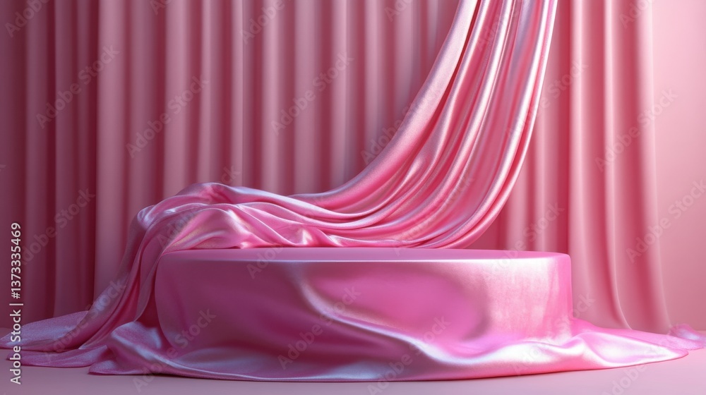 Poster pink pedestal or podium display with satin fabric platform concept on valentines background blank sh