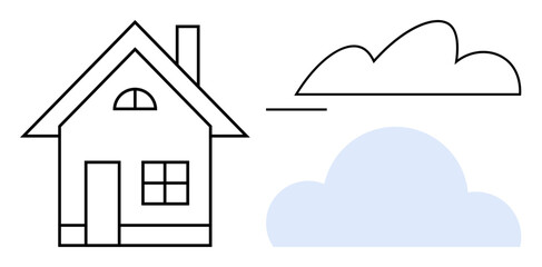 Line-drawn house with a chimney, large window, and two clouds above. Ideal for housing, environment, real estate, weather, landscaping simplicity peaceful ambiance. Flat simple metaphor