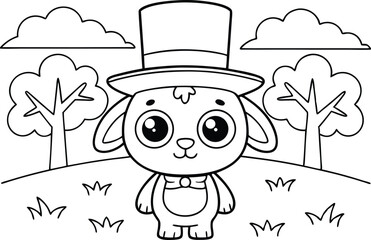 Cartoon Sheep with Top Hat Standing in a Field Outline Line Art