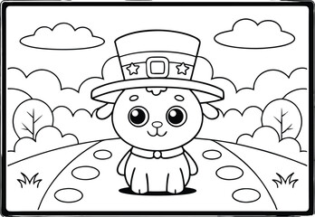 Cartoon Dog in Leprechaun Hat with Shamrock Landscape Coloring Page