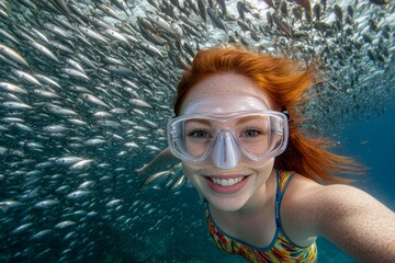 Fototapeta premium Bright commercial style image. A pretty and sexy happy caucasian young woman with red hair in a swimming mask and fins snorkeling among the corals. Coral reef tourism. Ocean adventure vacatio.