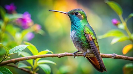 Fototapeta premium Hummingbird on Lush Tropical Branch, nature, wildlife, nature, wildlife, bird perched