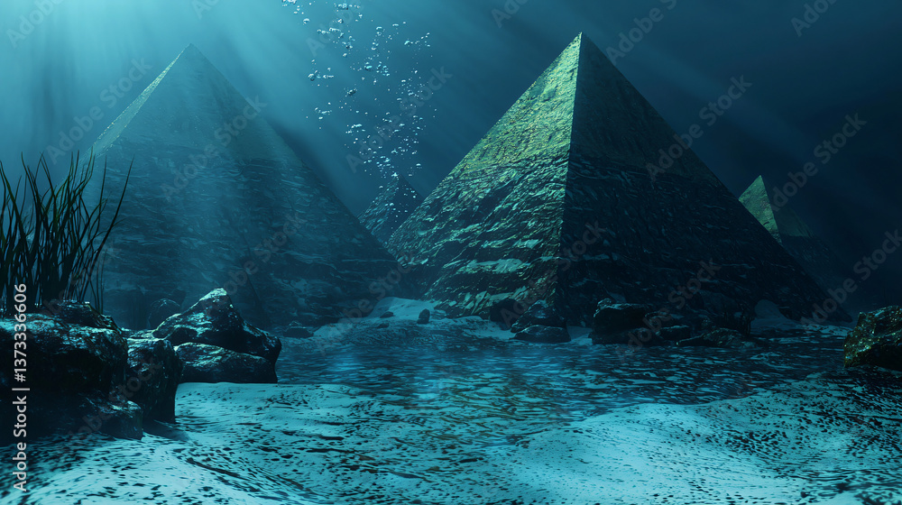 Poster enigmatic cave system featuring multiple entrances and ethereal light shining through its mysterious