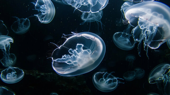 A group of jellyfish swimming harmoniously in the open ocean creating a hypnotic and tranquil underwater scene.
