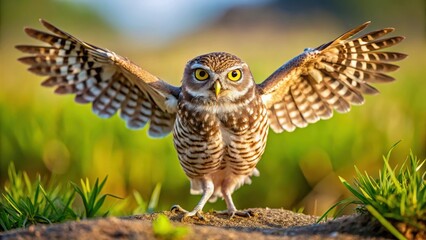 Obraz premium A Burrowing owl perched on a sunny patch of grass with its feathers ruffled and wings spread wide, revealing its talons and sharp beak in daylight, daytime birding, daylight