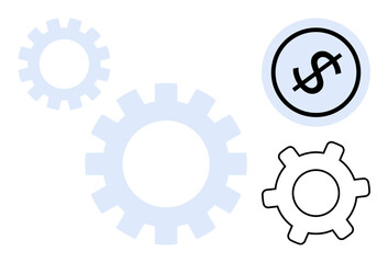 Three interlinked gears and dollar sign representing teamwork, financial systems, efficiency, strategy, process, economy, and innovation. Ideal for finance, success planning business concepts