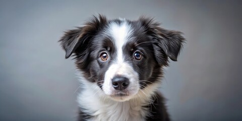 Closeup of an adorable border collie puppy gazing curiously at the camera, cute, mischievous, cute,mischievous,curious